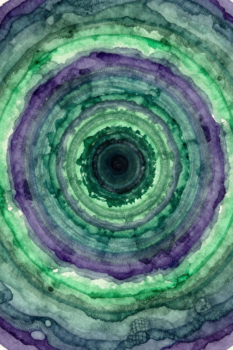 Vibrant watercolor concentric circles in layered greens, purples, and blues with organic textures