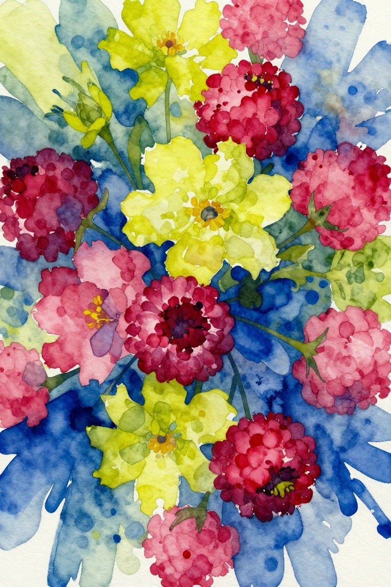Vibrant watercolor flowers in yellow, pink, red with blue background splashes