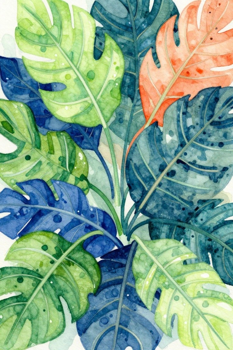 Watercolor tropical leaves in greens, blues, and orange with scattered water droplets.