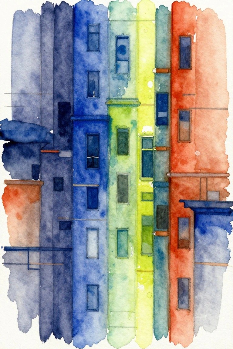 Watercolor painting of colorful tall buildings with windows in rainbow hues.