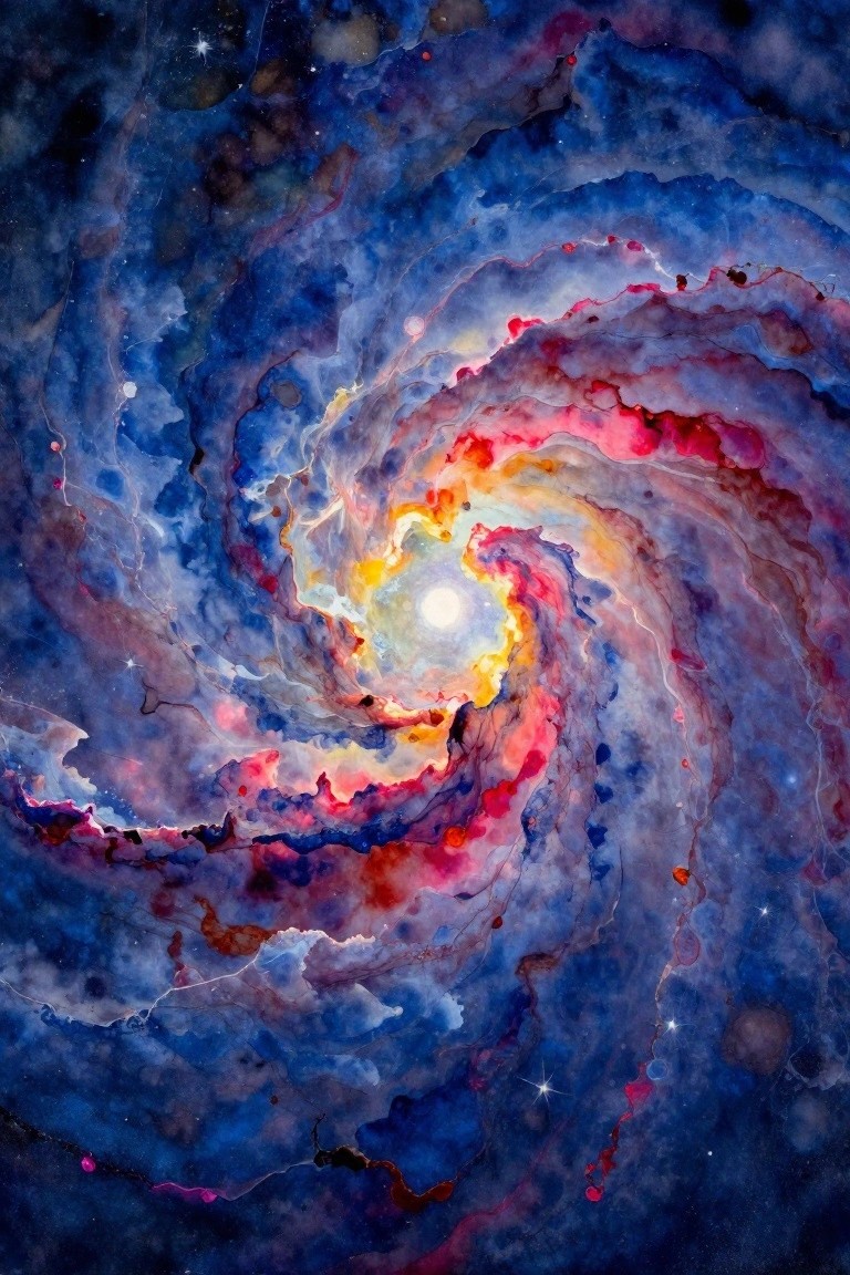 A large abstract painting of a colorful swirling galaxy with blue, red, pink, and yellow bands around a bright white center.