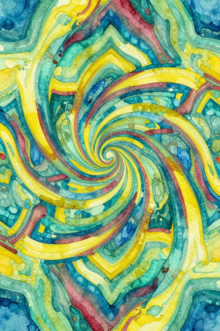 Vibrant abstract watercolor spiral swirling in yellow, blue, green, and pink