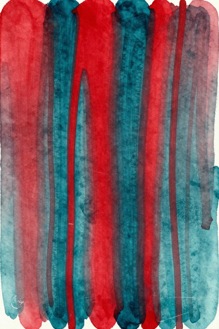 Abstract watercolor with vertical red and teal drips blending on white paper