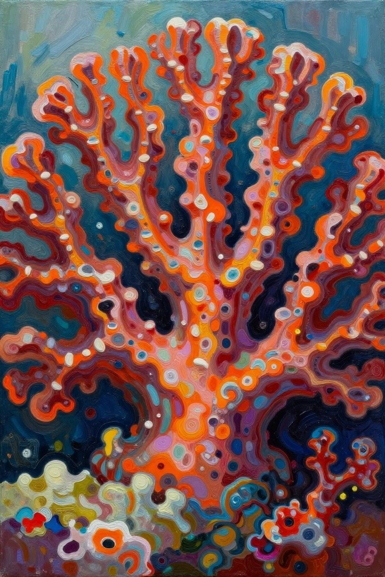 Vivid abstract painting of swirling orange coral branches on deep blue background