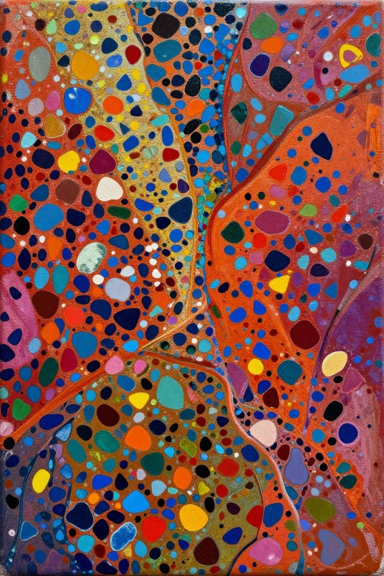Vibrant abstract painting of multicolored dots divided by flowing orange lines