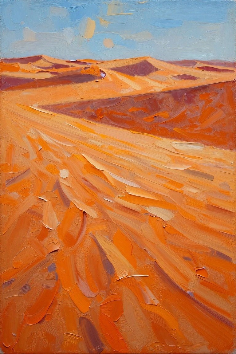 Vibrant impasto painting of rolling orange sand dunes under blue sky.