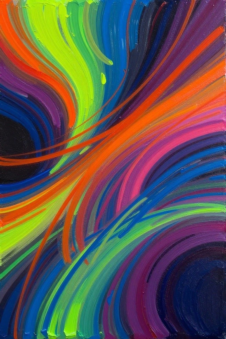 Abstract painting with thick swirling brushstrokes in bright neon colors on a dark background.