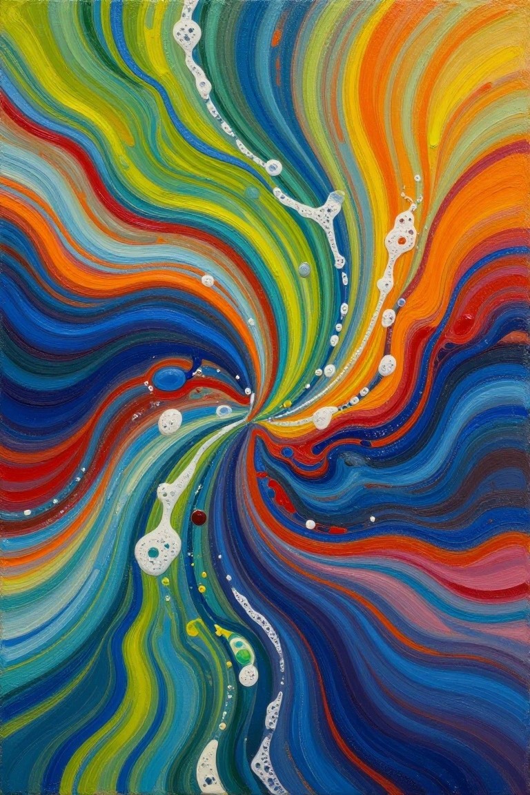 Vibrant abstract swirl of colorful flowing lines with scattered white bubbles.