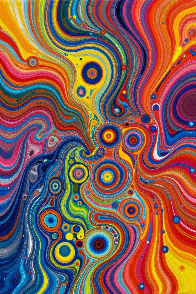 A vibrant abstract acrylic painting with swirling colorful lines and many concentric circles in rainbow hues.