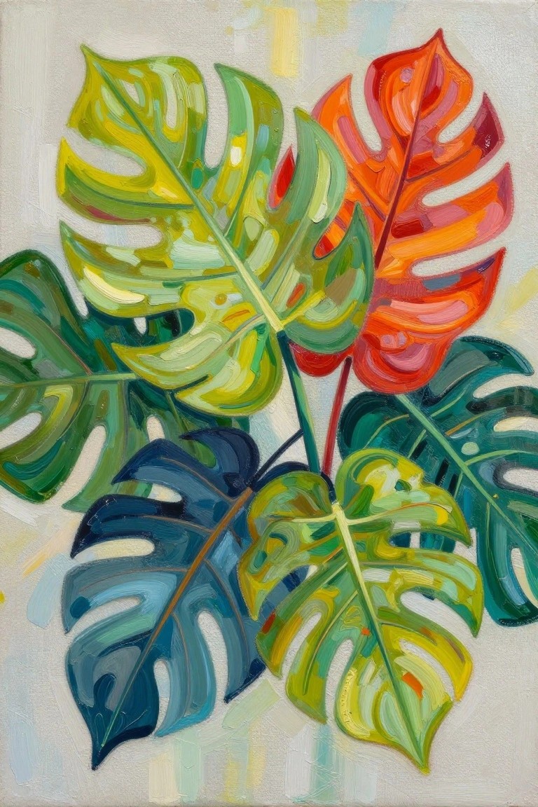 Vibrant painting of colorful monstera leaves in greens, blues, and orange.
