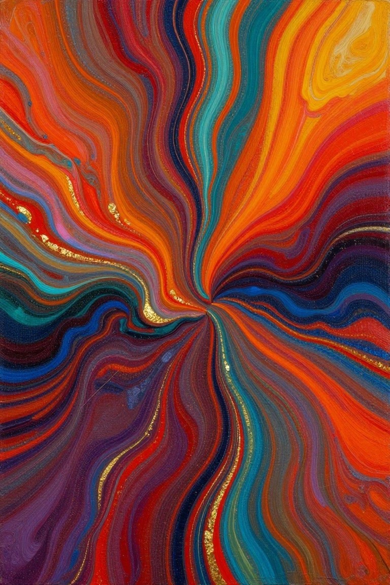A vibrant abstract painting with swirling bands of red, orange, yellow, blue, teal, and purple radiating from the center, accented with thin gold lines.