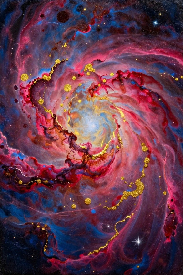 Vibrant swirling cosmic nebula in pink, blue, red, and gold spirals