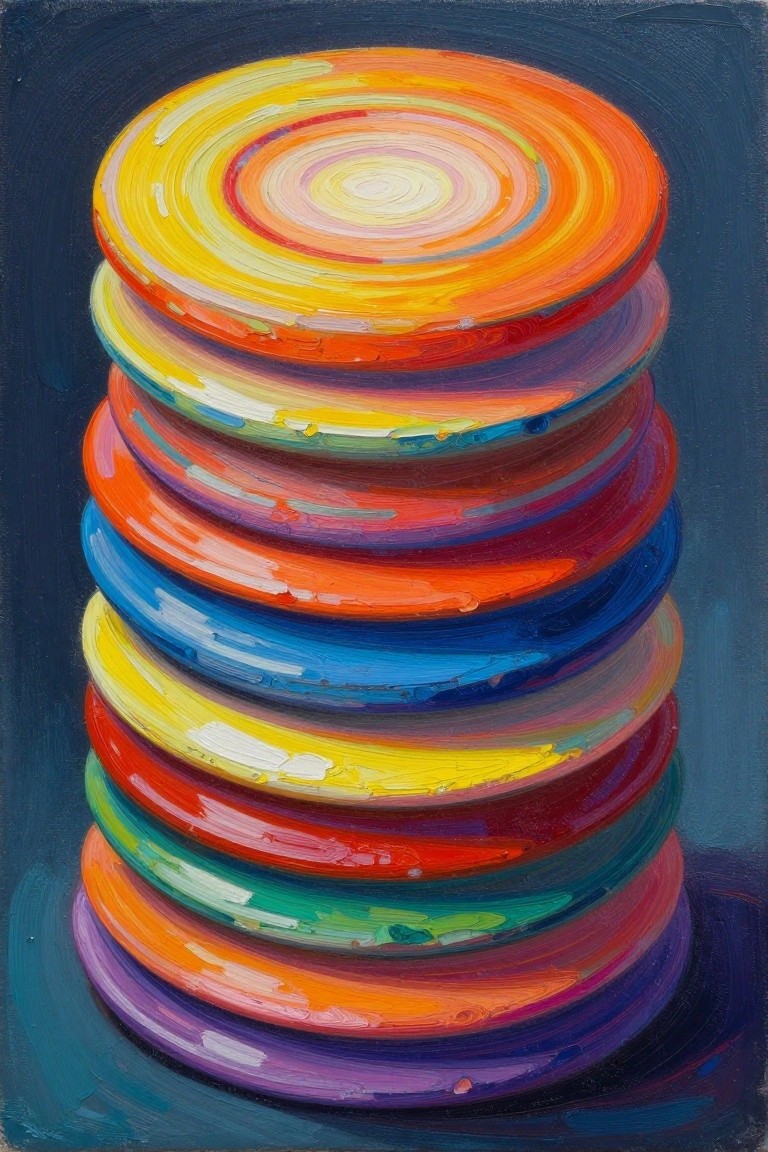 Thickly painted stack of rainbow-colored circular discs against dark blue background.