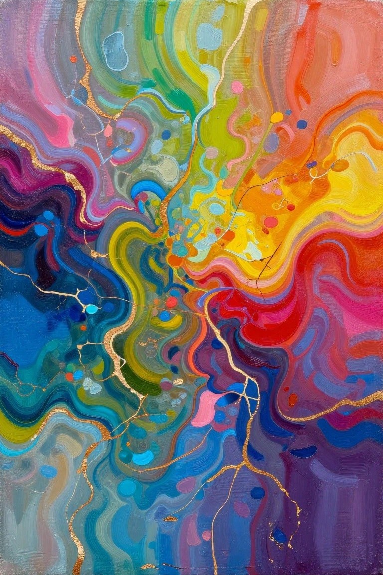 Vibrant abstract painting with swirling rainbow colors and golden vein-like lines.