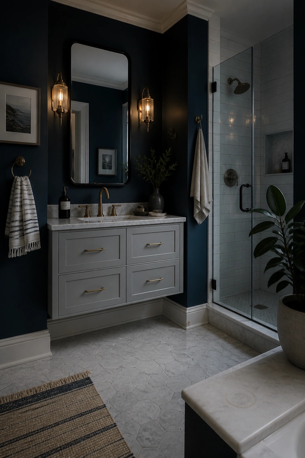 Moody navy bathroom with gray vanity, marble accents, brass sconces, and glass shower.