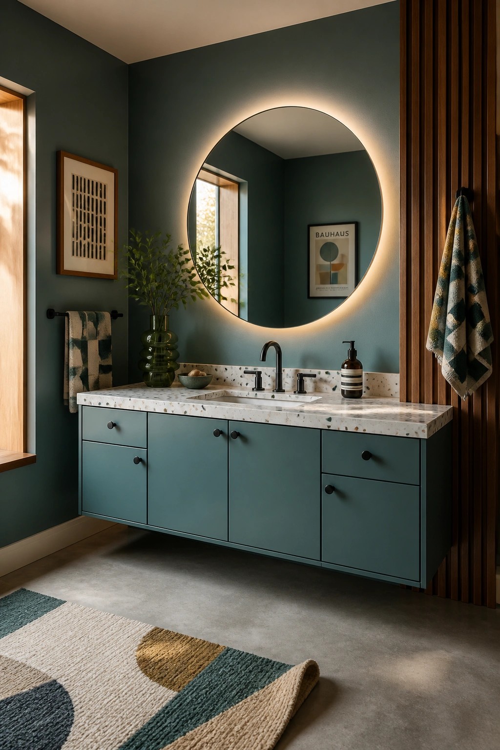 Bathroom walls painted in a deep teal color around a floating vanity and round backlit mirror.