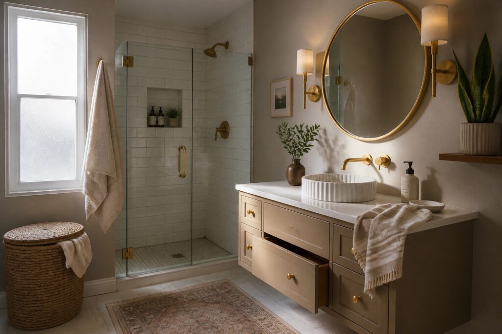 25 Polished Bathroom Paint Colors That Refresh Builder Grade Spaces Quickly A bathroom with warm greige walls and a white vanity.