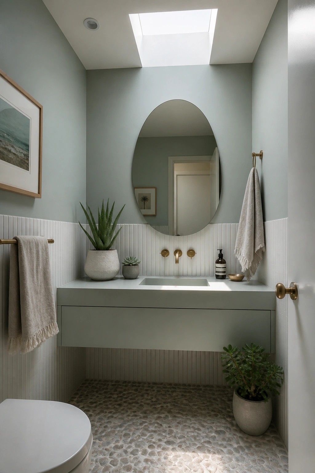 Modern bathroom with sage walls, oval mirror, floating vanity, skylight, and pebble floor