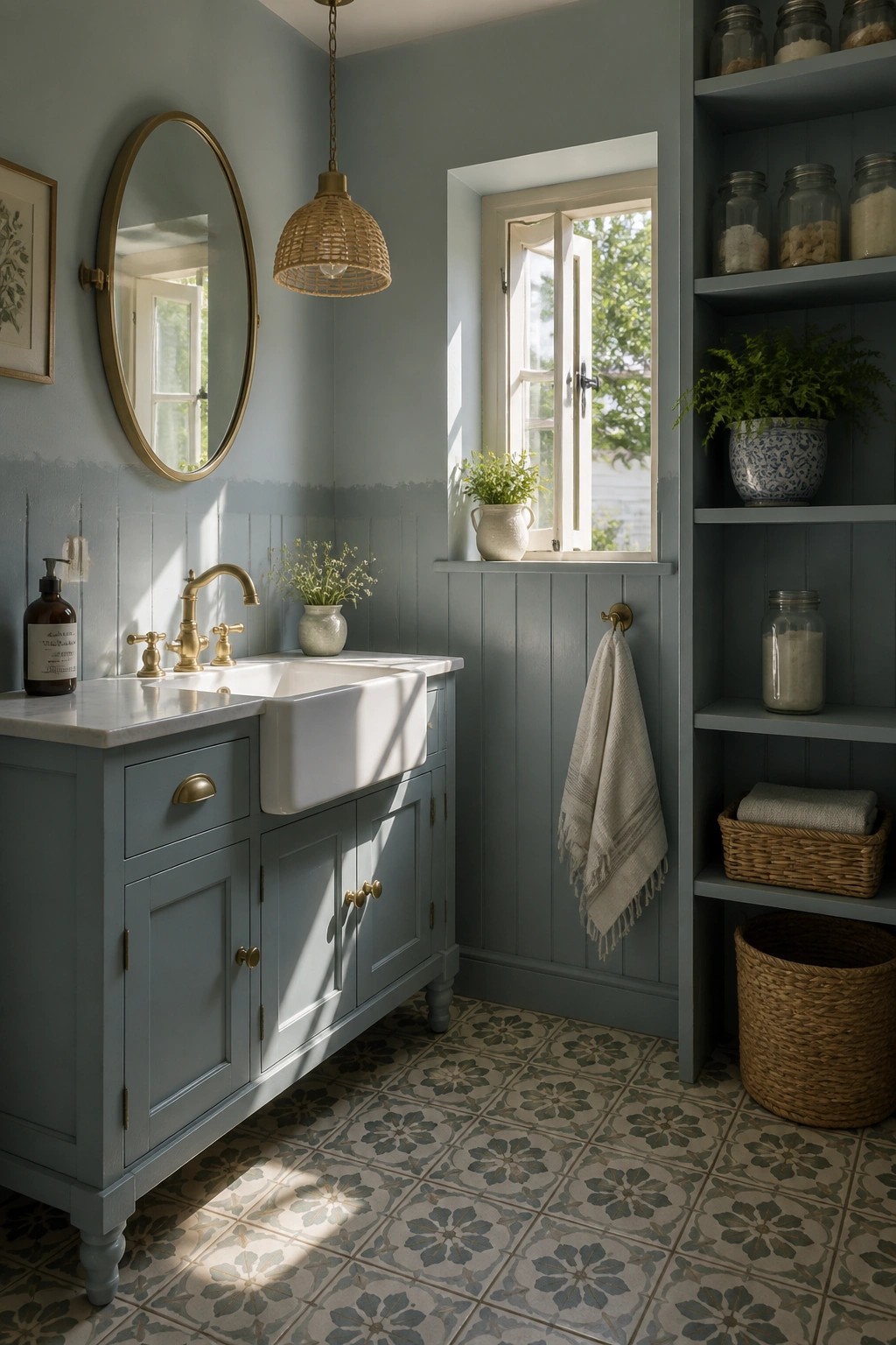 Bathroom walls and vanity painted in a soft blue gray color.