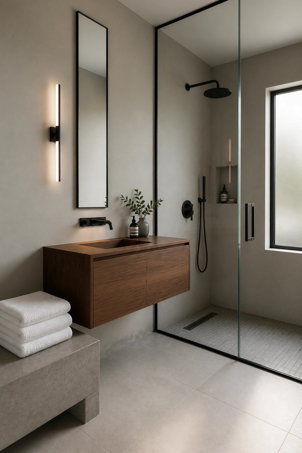Bathroom walls painted in a soft greige with a floating wood vanity below.