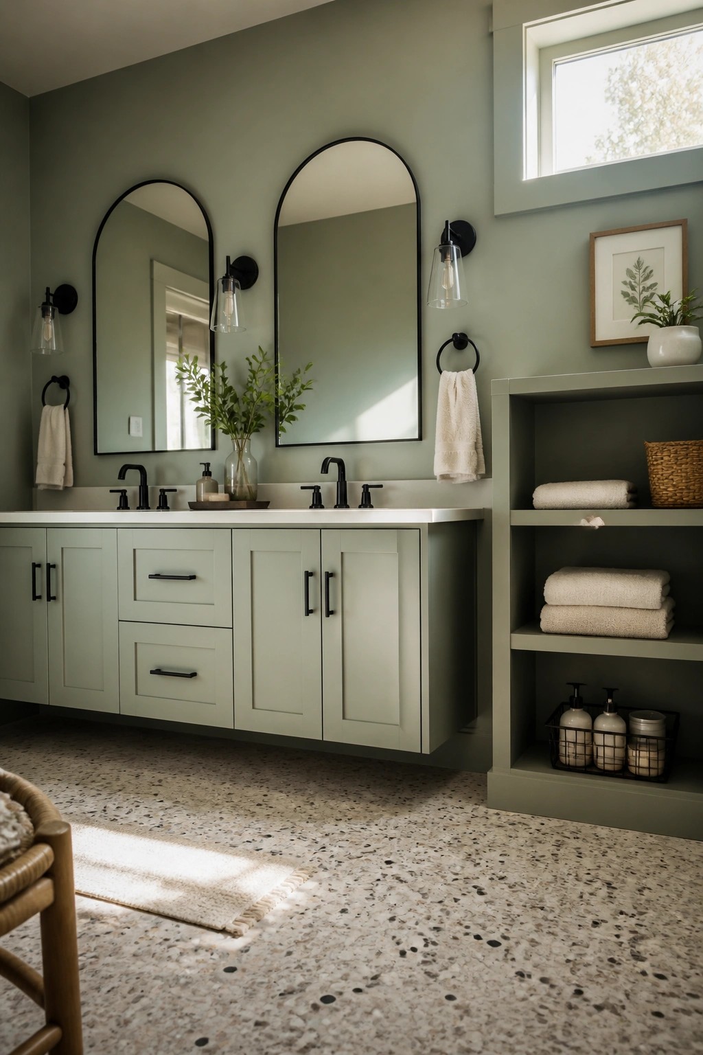 Bathroom walls and vanity painted in a soft sage green.