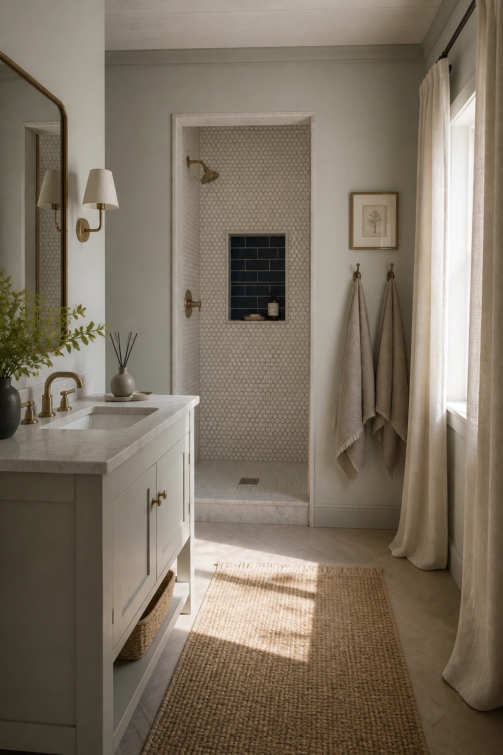 Bathroom walls painted in a soft sage green with white trim and marble counters.