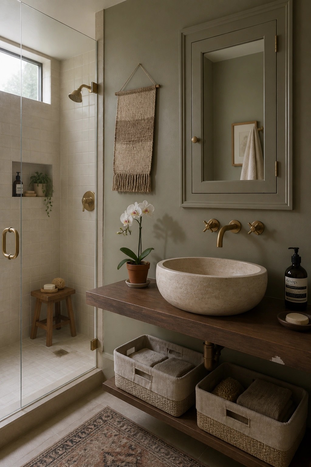 Bathroom with stone vessel sink on wooden vanity, brass fixtures, potted orchid, and woven baskets.