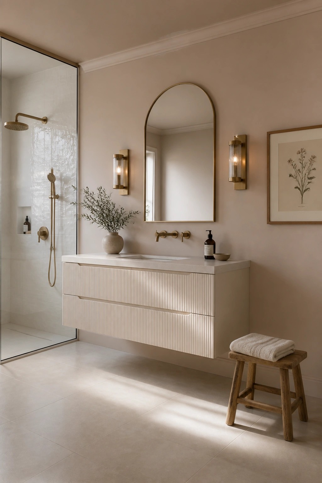 Bathroom walls painted in a soft warm beige with a floating vanity and arched mirror.