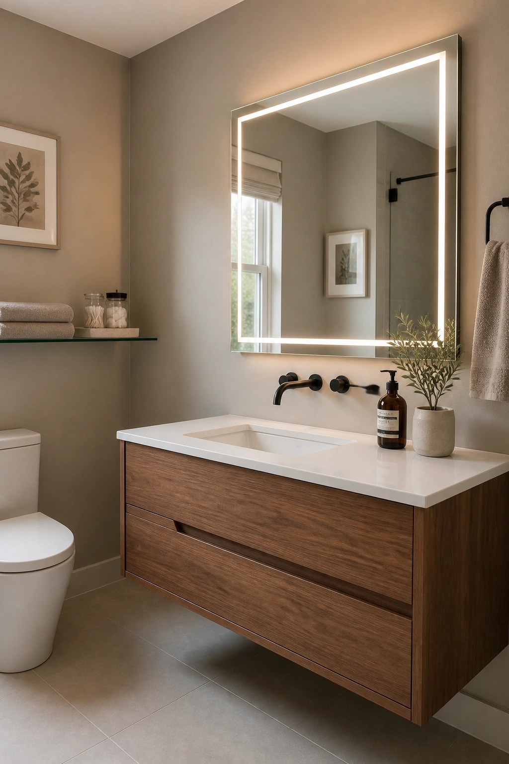A bathroom with warm greige walls and a floating wood vanity under a backlit mirror.