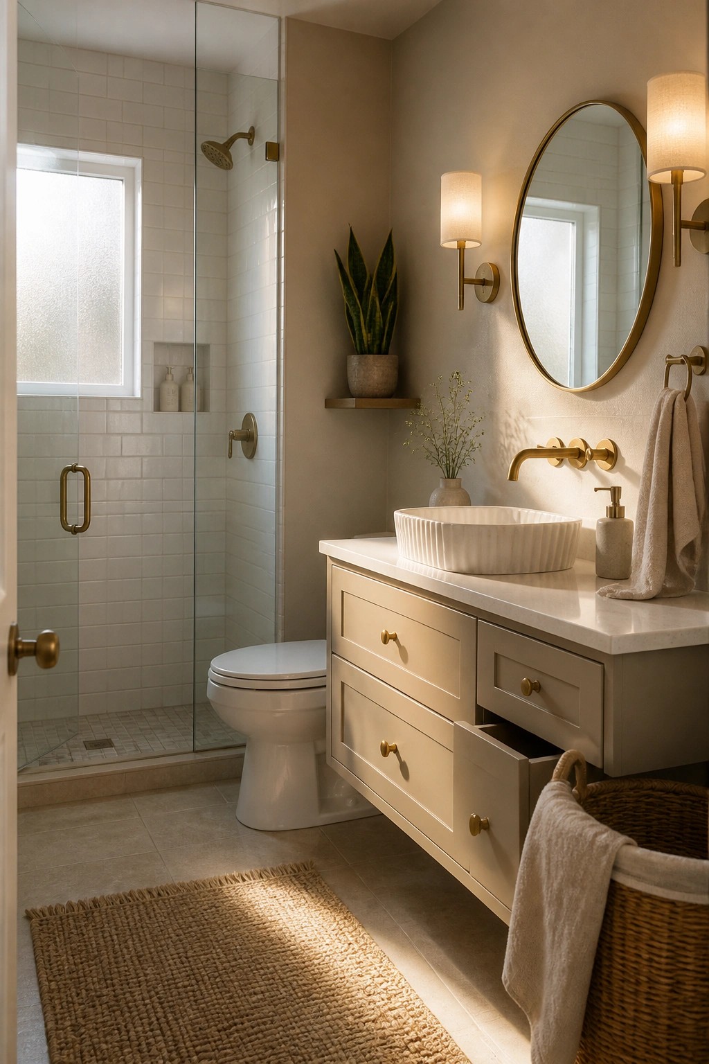 A bathroom with warm greige walls and a white vanity.