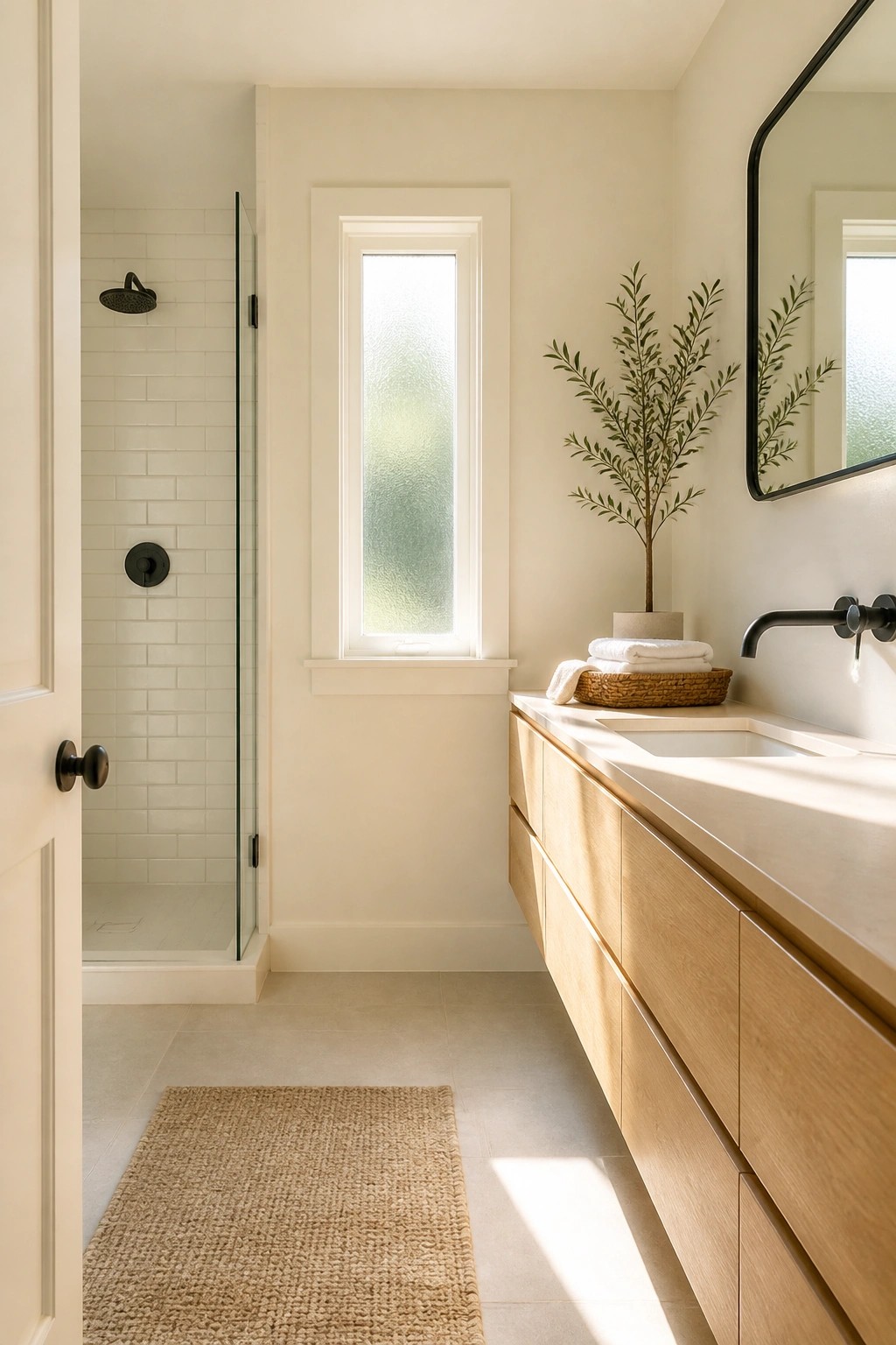 Bathroom walls painted in a warm off-white color with wood vanity.