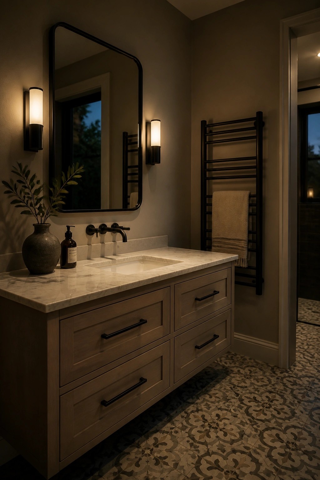 Bathroom walls painted in a warm taupe with wood cabinets and marble countertop.
