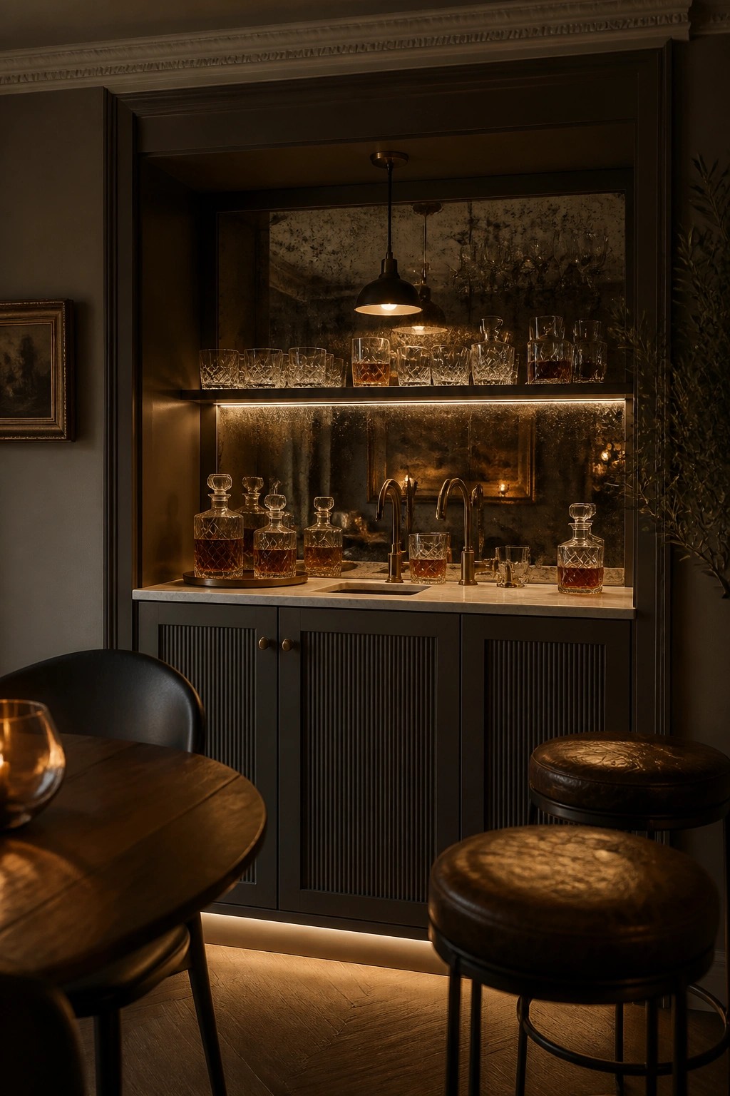Dark taupe cabinets in a built-in home bar with wood flooring and leather stools.