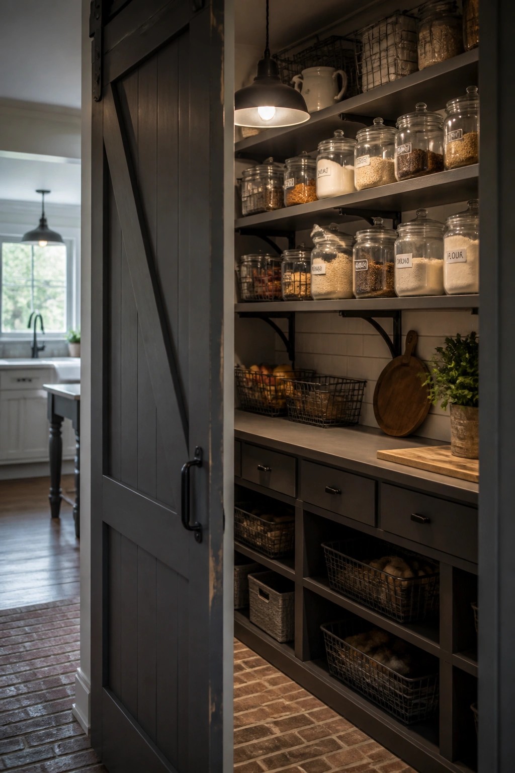 Dark taupe pantry cabinets and open shelving in a kitchen setting.
