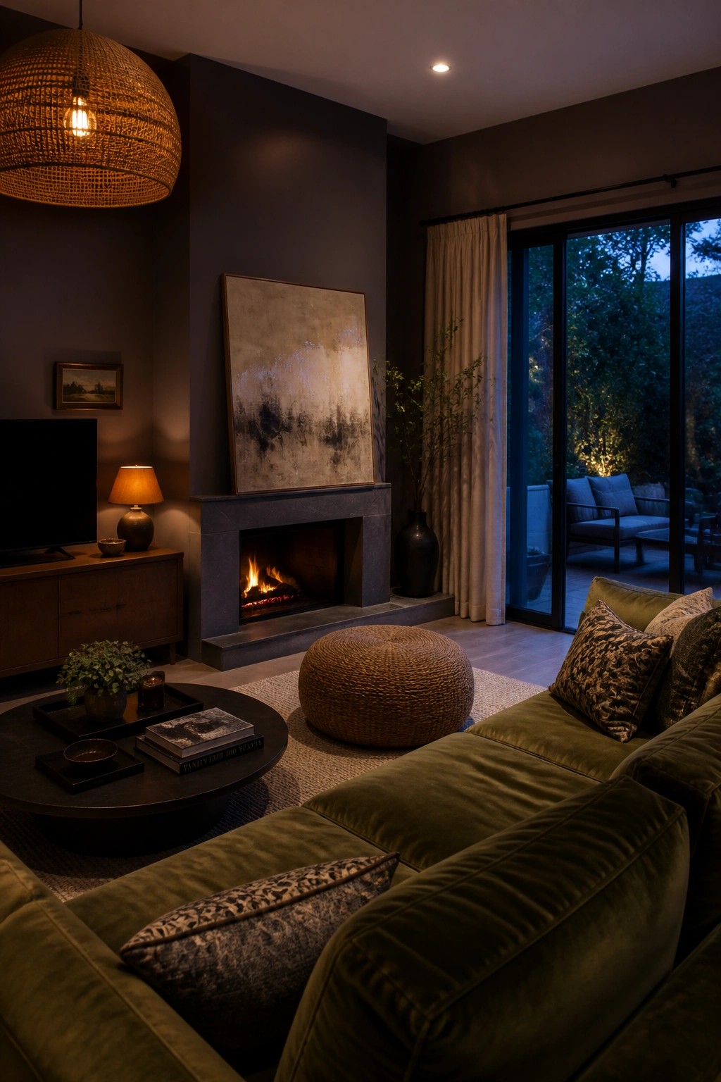 Living room walls painted in a deep taupe neutral with a stone fireplace.