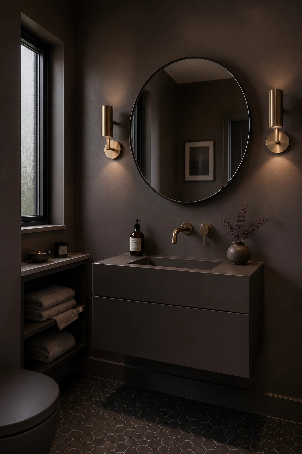 Modern dark bathroom with floating vanity, round mirror, and brass sconces.