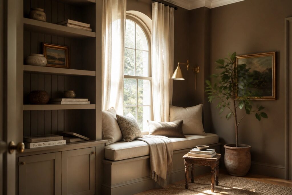 25 Rich Taupe Neutral Paint Colors for Refined Walls, Cabinets, and Cozy Corners Taupe painted walls and built-in shelving in a cozy window nook.