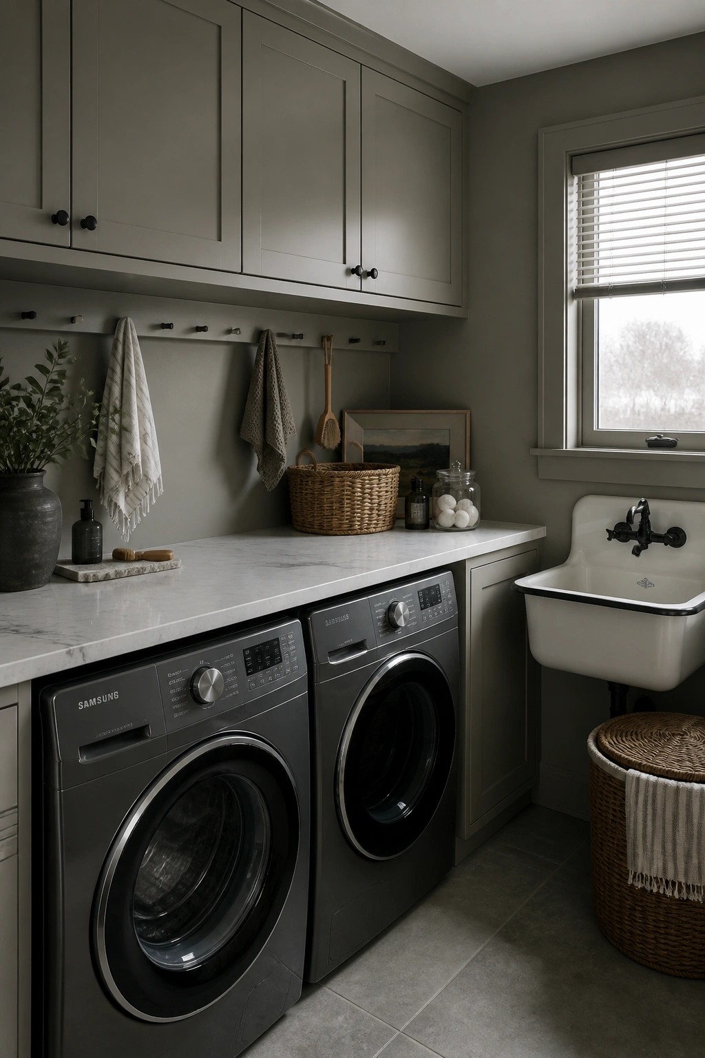 Taupe painted cabinets above a laundry room counter with gray walls.