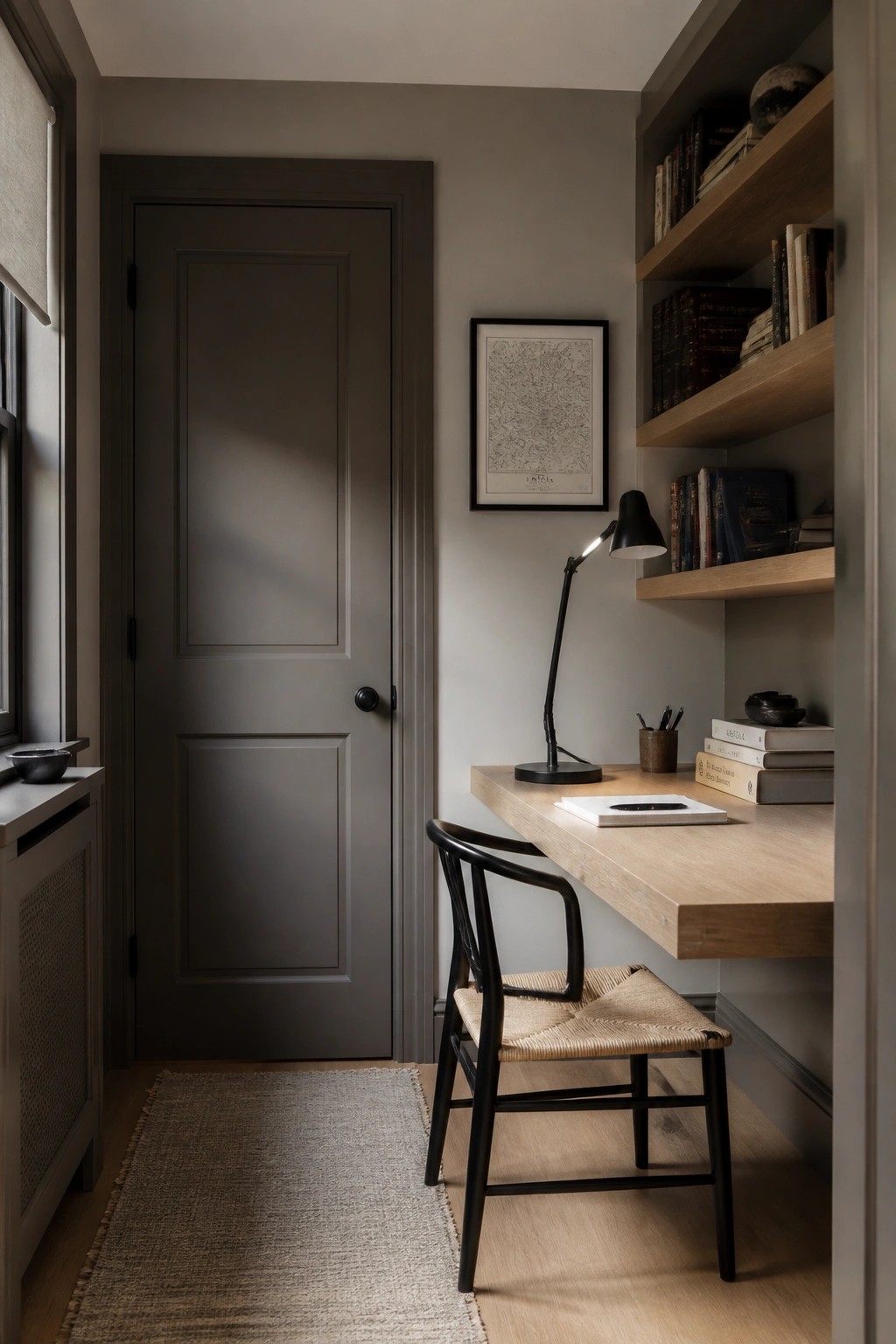 A muted taupe covers the walls and door in a small workspace with a wooden desk.