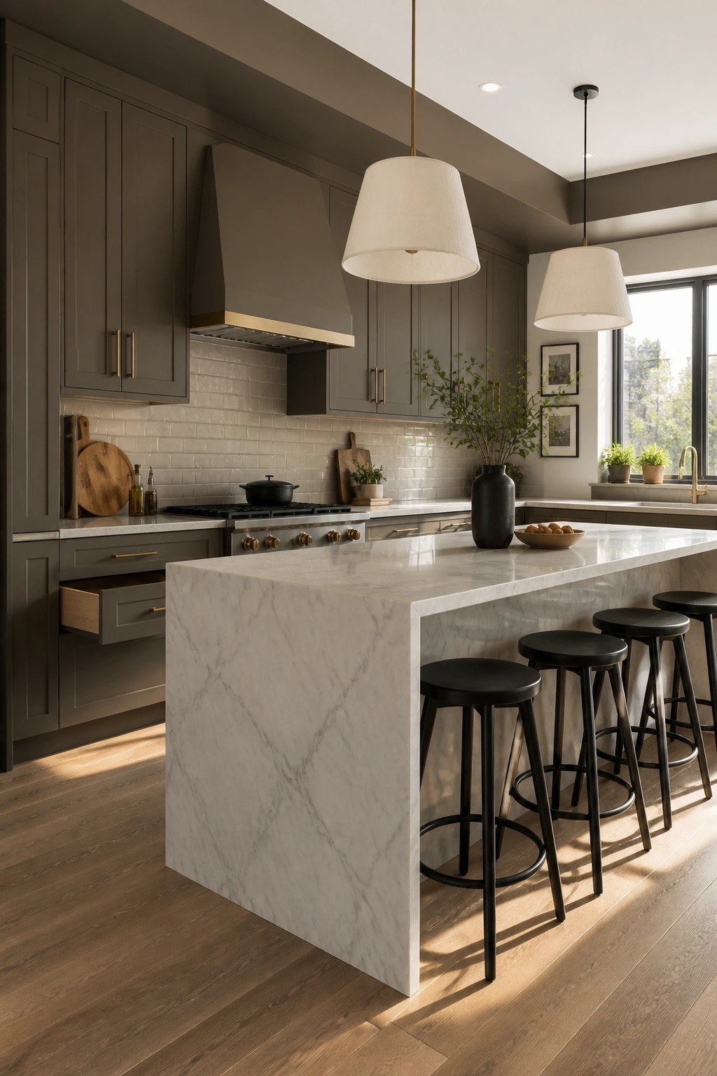 Kitchen with rich taupe cabinets and a marble island.