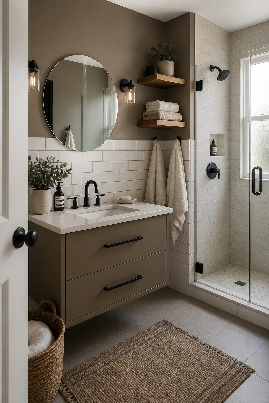 A bathroom vanity and walls painted in a warm taupe neutral.