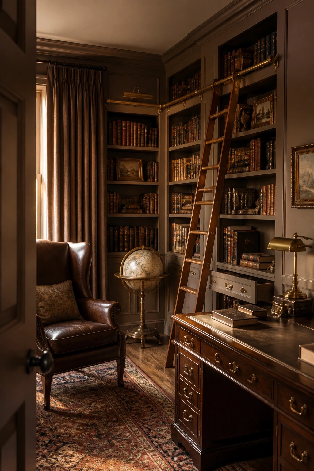 Library walls painted in a deep warm taupe with built-in bookshelves.