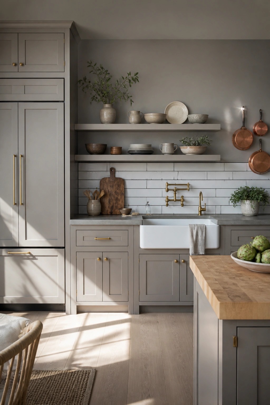 Kitchen with cabinets painted in a soft taupe neutral.
