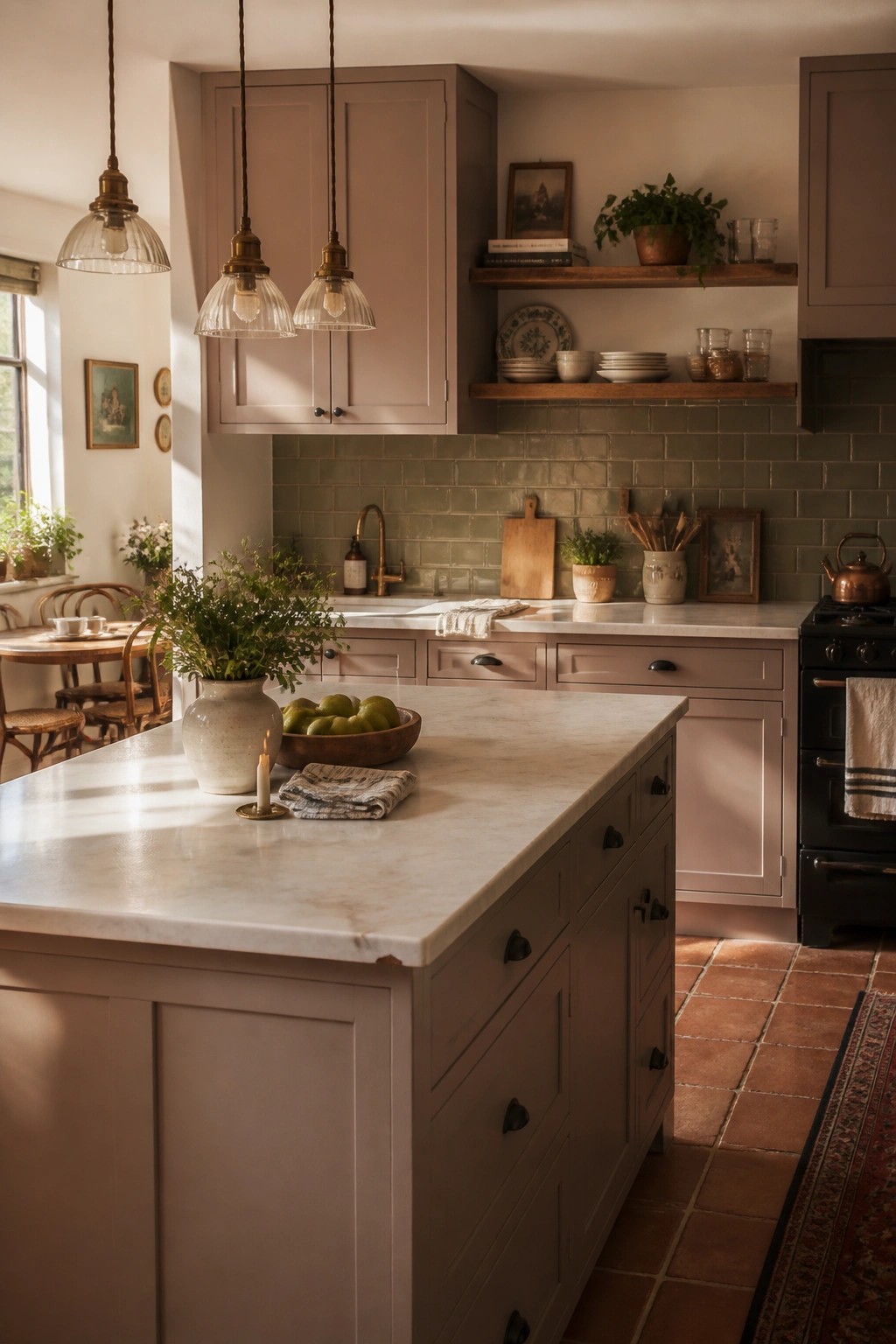 Kitchen cabinets painted in a soft taupe neutral.