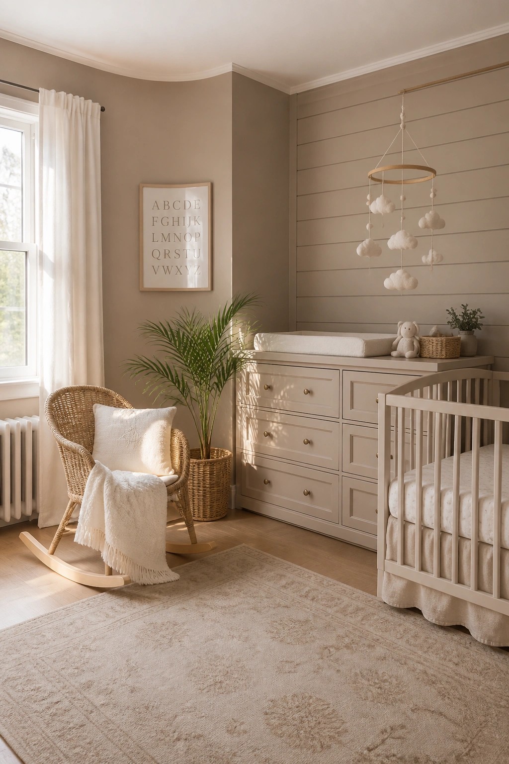 Nursery with warm taupe walls and matching painted dresser.