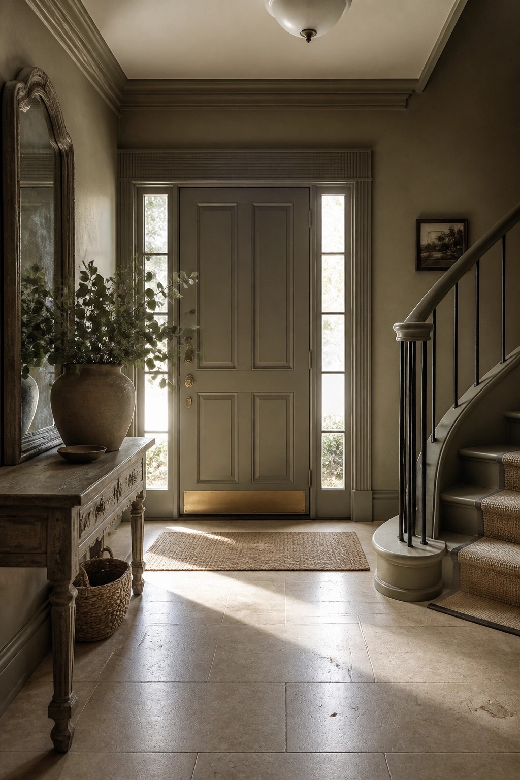 Entryway with muted taupe walls and a matching door next to a wooden console.