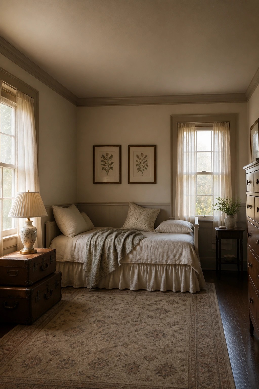 A bedroom with soft taupe walls and a daybed near two windows.