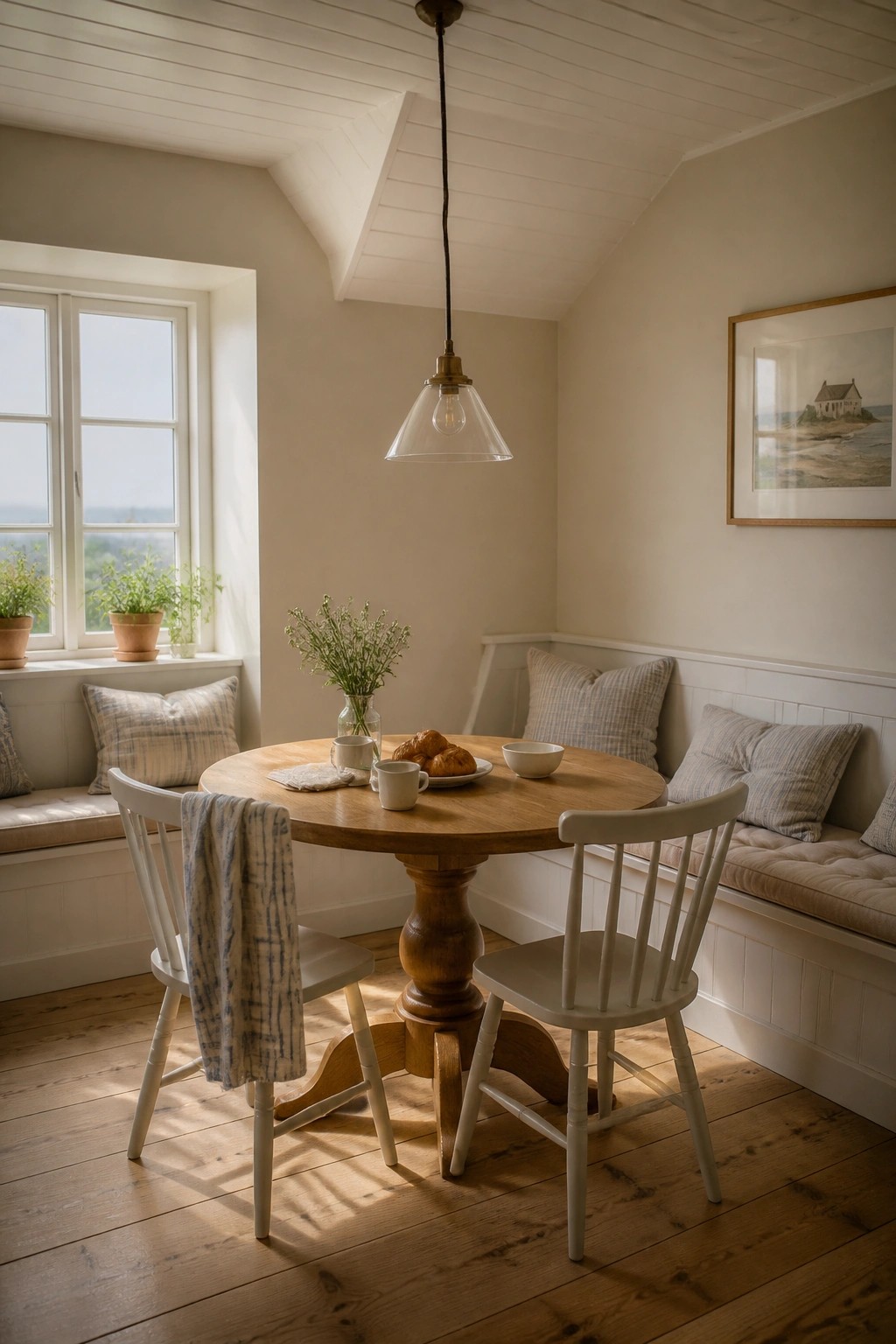 Round wooden table with croissants and mugs in sunlit breakfast nook with benches