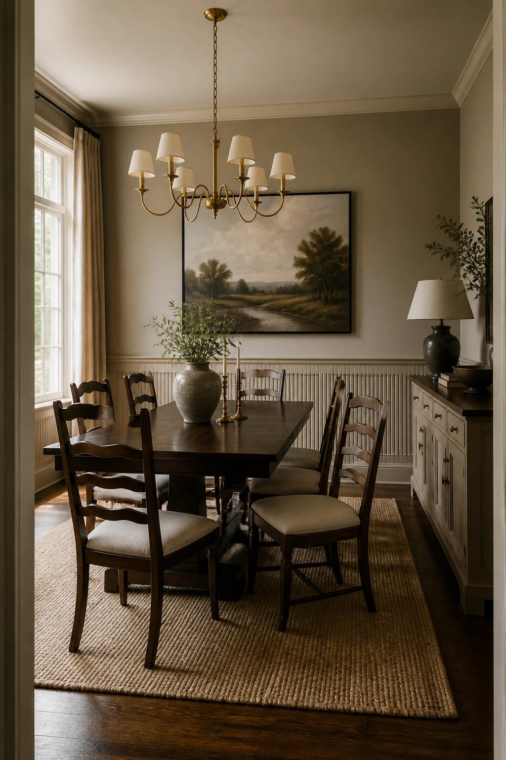 Soft taupe walls in a dining room with a dark wood table and brass chandelier.