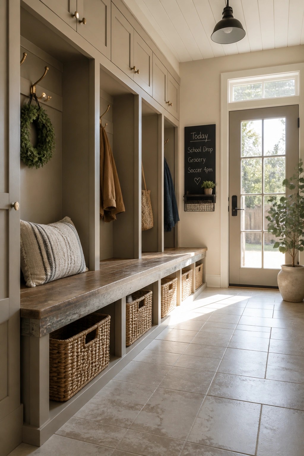Organized mudroom with wooden bench, woven baskets, hanging coats, and chalkboard list.